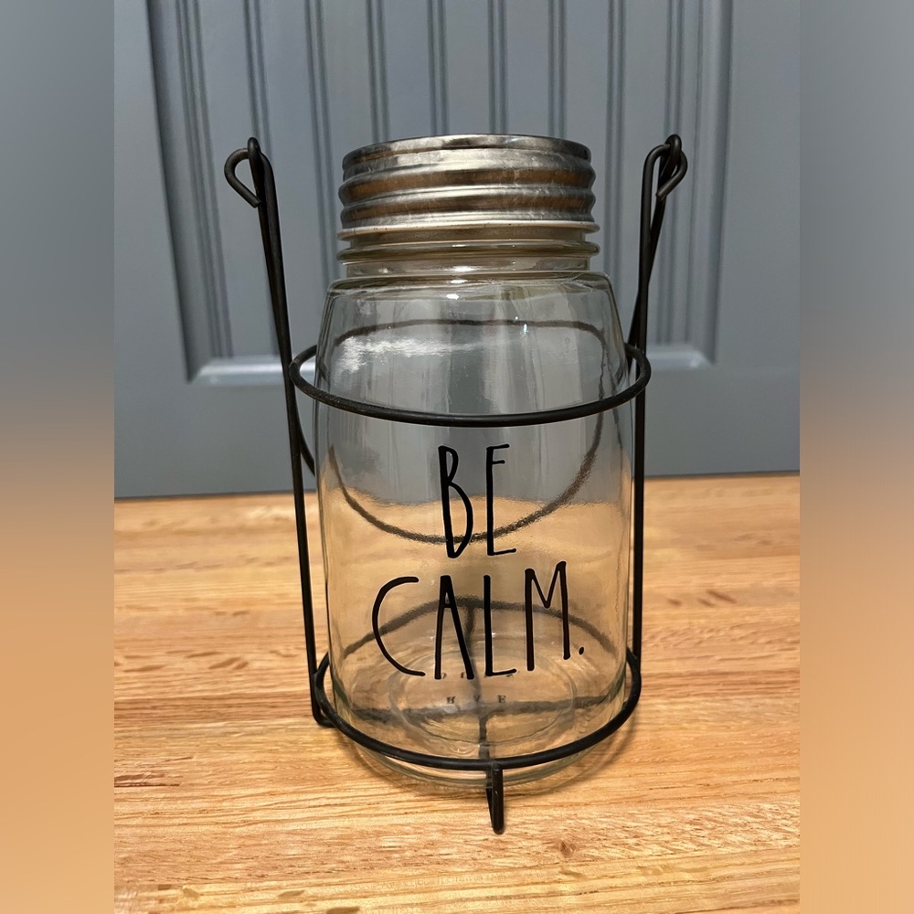 Rae Dunn BE CALM Mason Jar with Holder